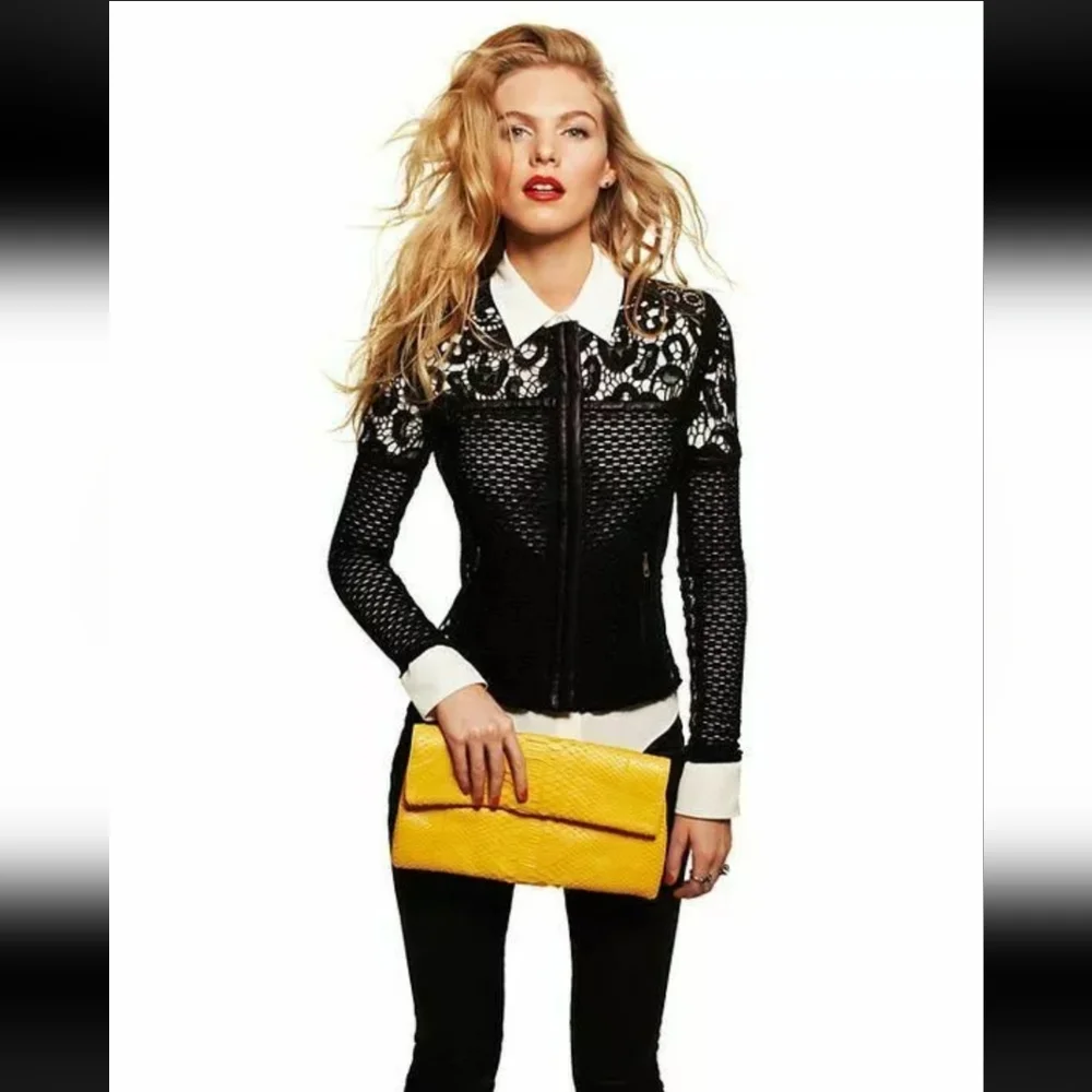 💋DESIGNER Iro Lewis💋. Black Leather and Lace Crochet Jacket Size XS Blazer - Picture 2 of 11